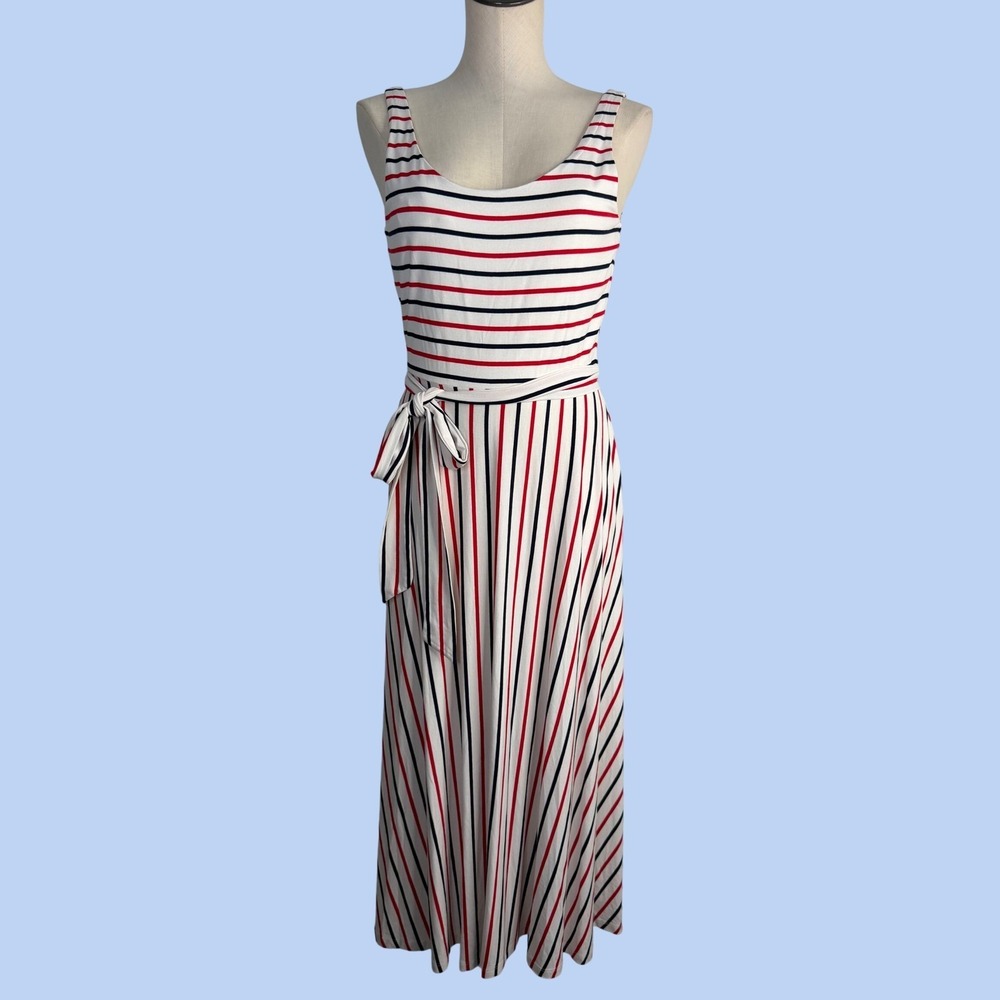 Loft Small Striped Sleeveless Maxi Dress Red White Blue Tie Waist Coastal NEW